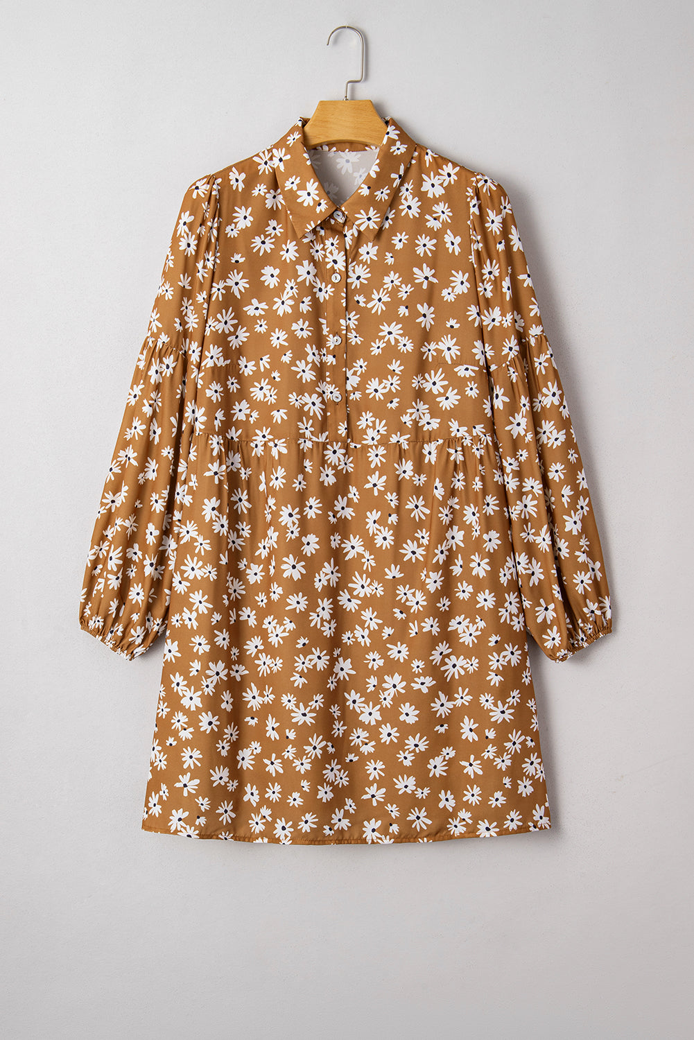 Khaki Daisy Floral Print Button Split Neck Puff Sleeve  Plus Size Dress