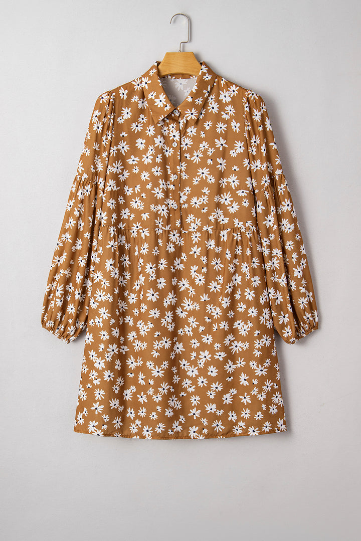 Khaki Daisy Floral Print Button Split Neck Puff Sleeve  Plus Size Dress