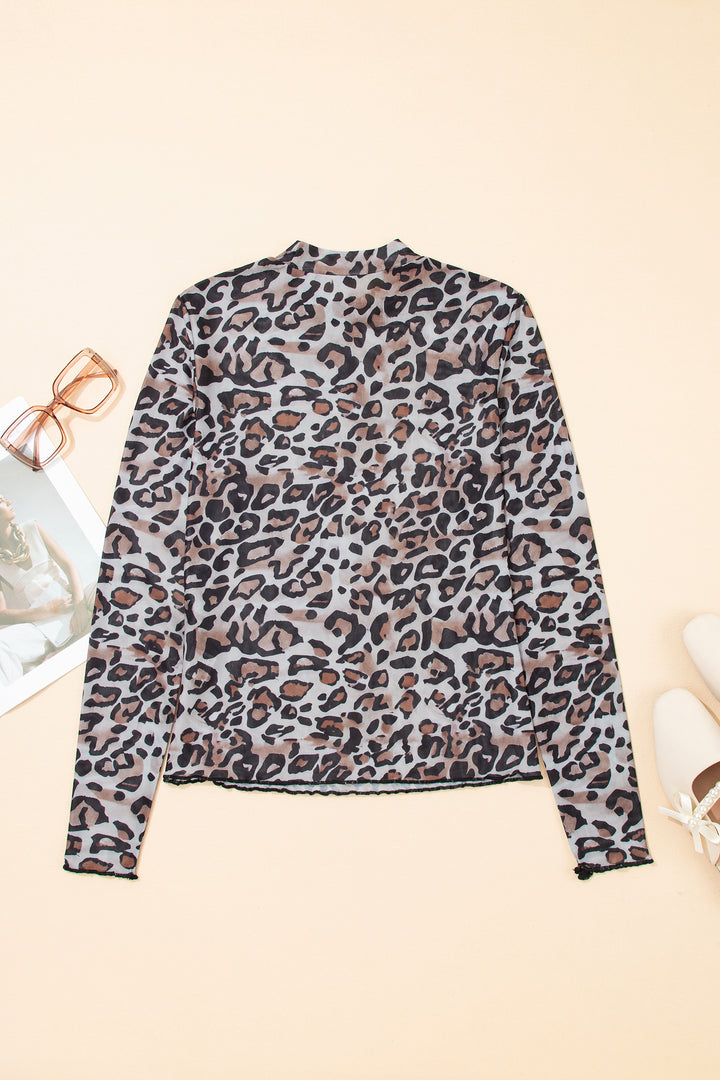 Leopard Mock Neck Mesh Long Sleeve Top