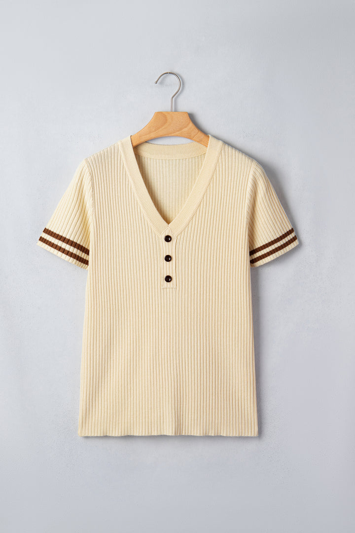 Apricot V Neck Ribbed Knit Striped Trim Short Sleeve Sweater