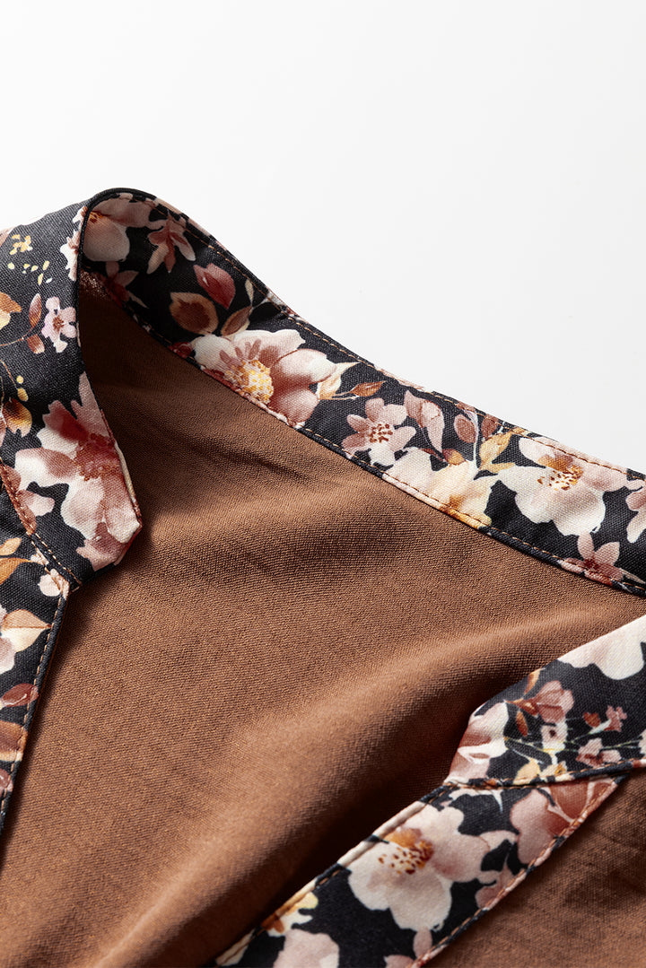 Floral Patchwork Detail Notched Neck Long Sleeve Maxi Dress