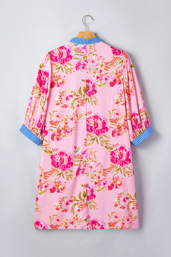 Multicolour Floral Striped Half Sleeve Mini Dress