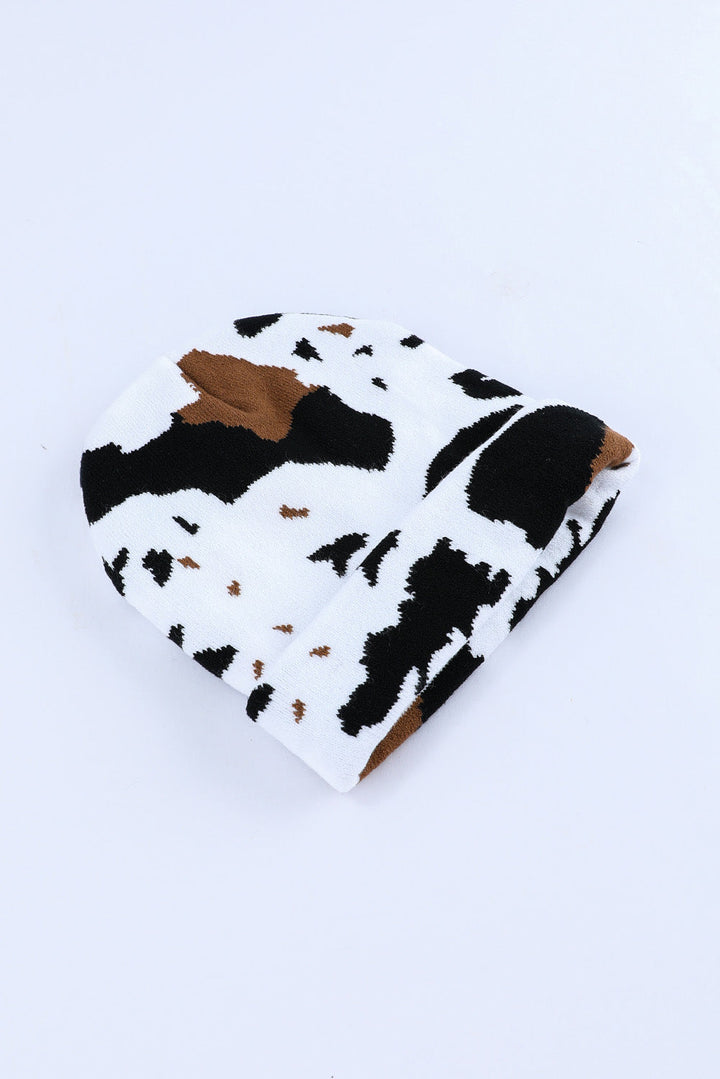 Warme Beanie-Mütze mit Kuhflecken-Print