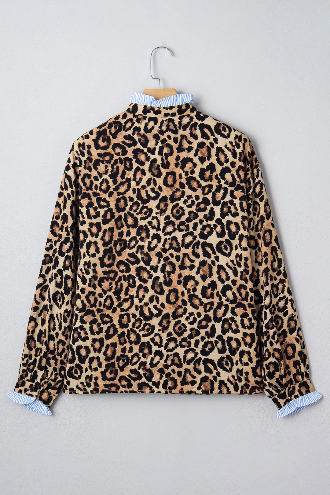 Wild Leopard Print Contrast Striped Frilled Trim Chic Shirt