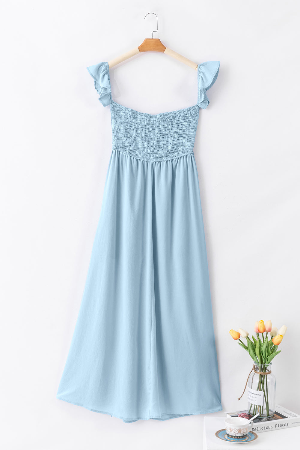 Sky Blue Off Shoulder Ruched Bust Sheer Slit Party Maxi Dress