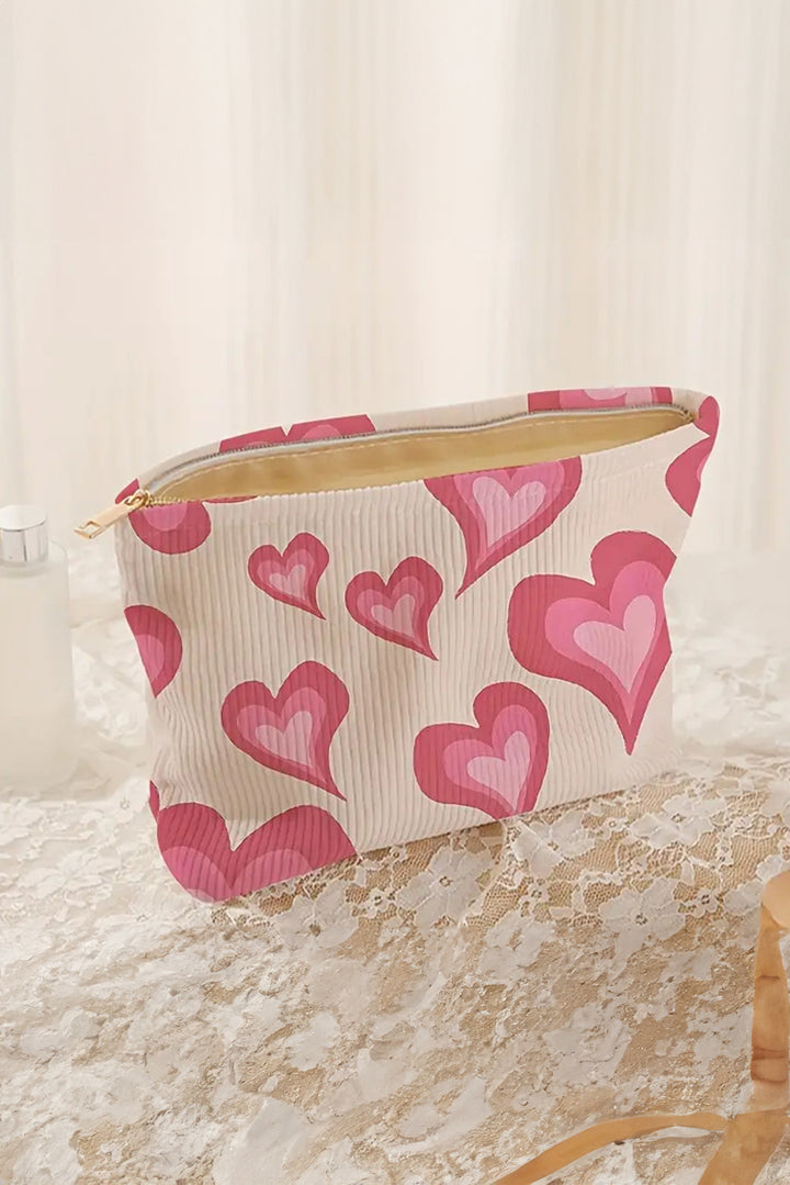 Hearts Print Zipper Corduroy Large Cosmetic Bag
