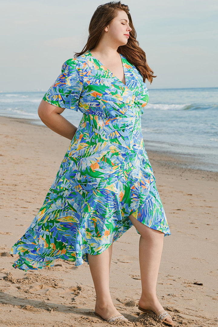 Leaves Print Short Sleeve Surplice Neck Ruffled Trim Plus Size Maxi Dress