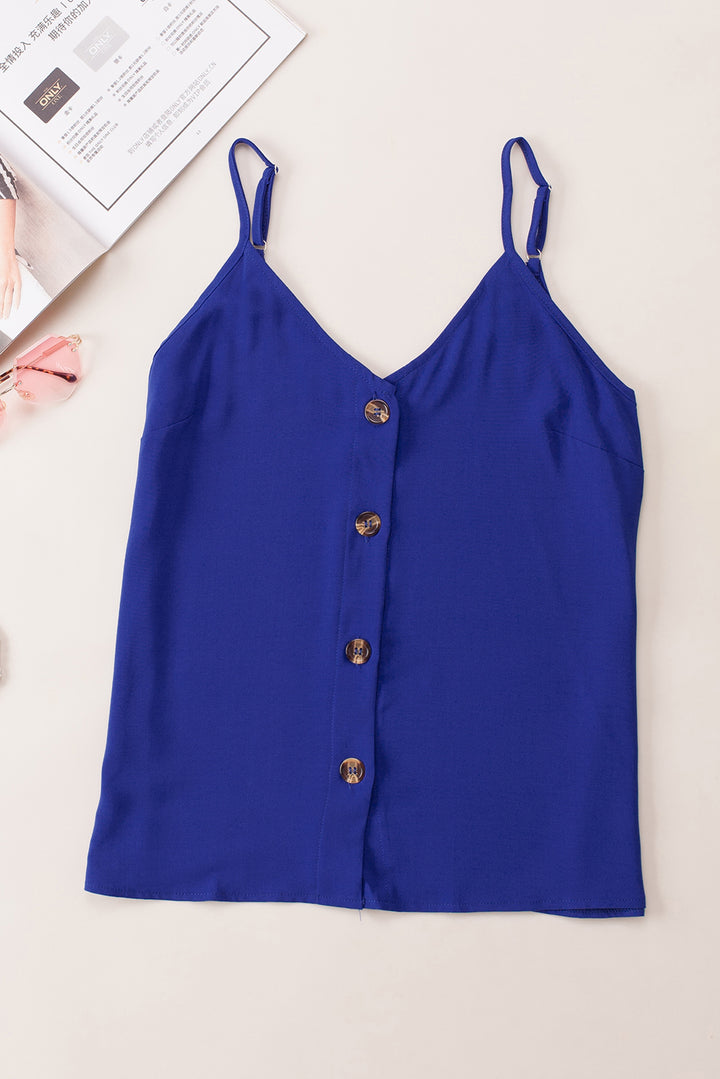 Blue Customizable Solid Color Spaghetti Strap Button Front Tank Top