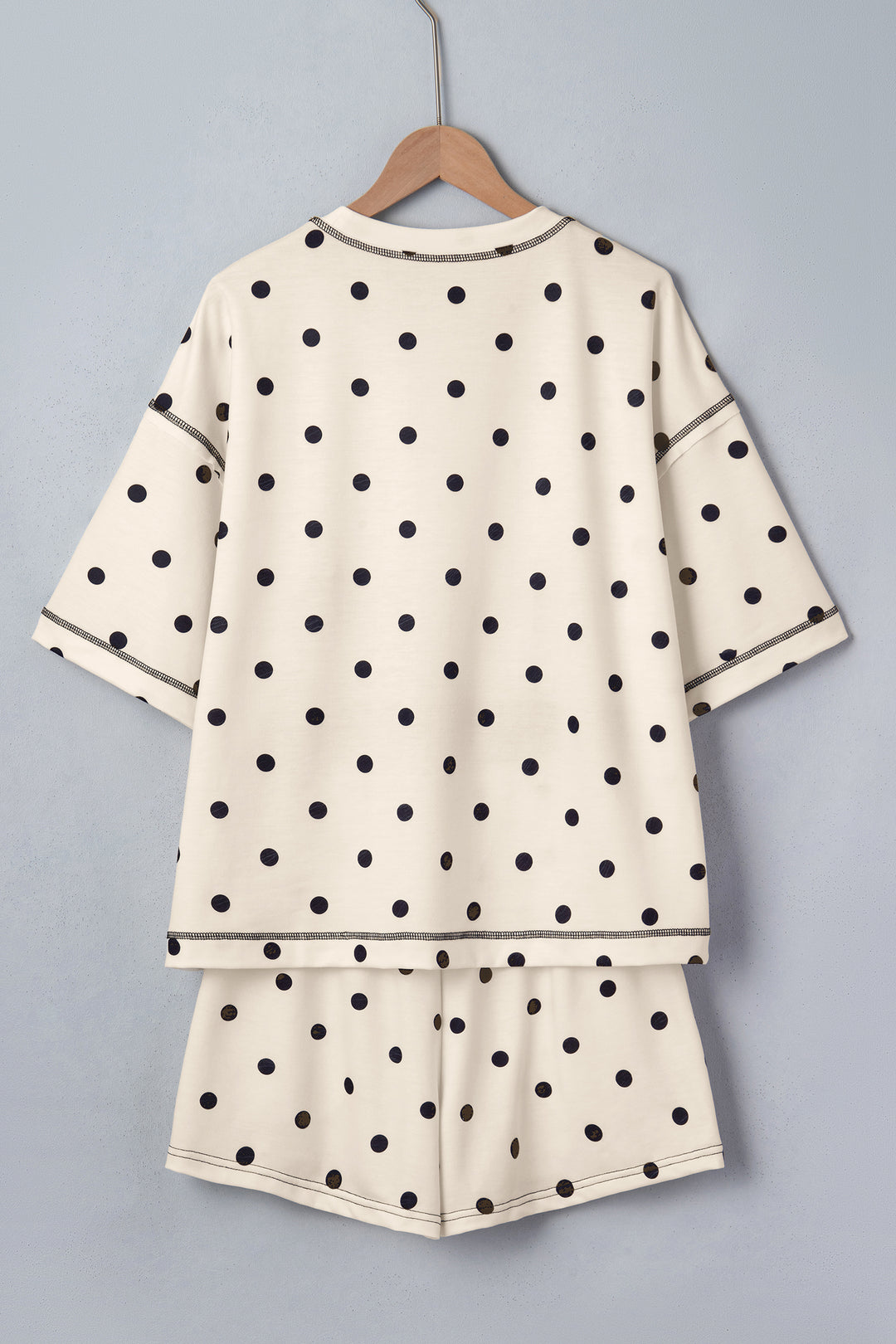 White Polka Dot Short Sleeve Loose Top Drawstring Shorts Set