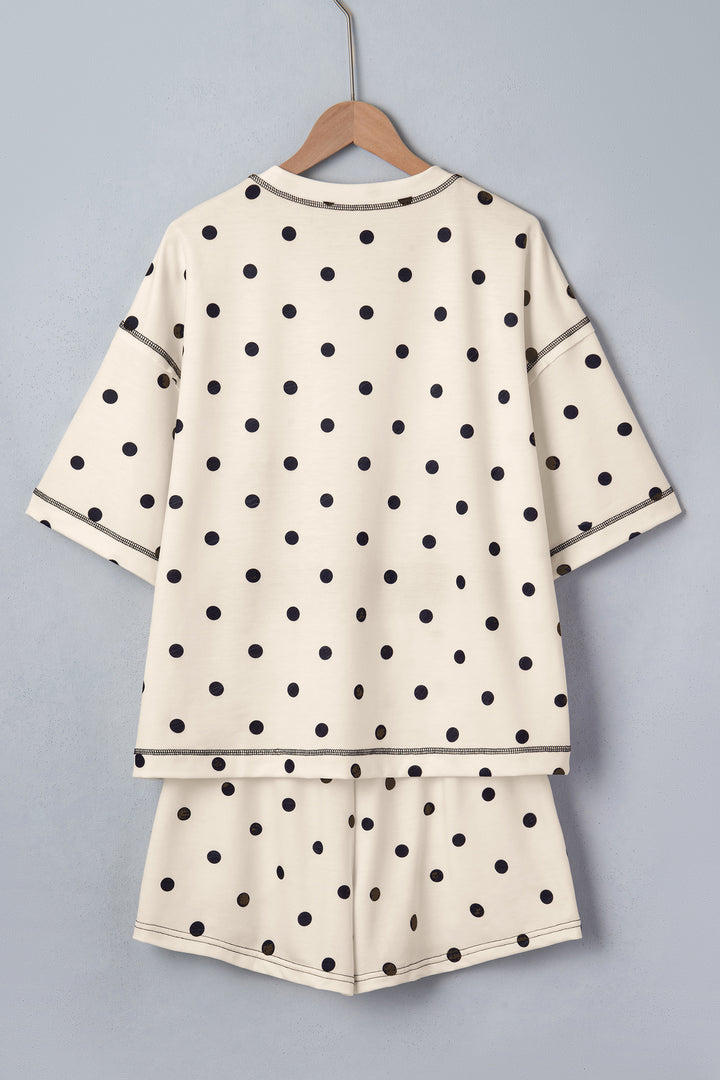 White Polka Dot Short Sleeve Loose Top Drawstring Shorts Set