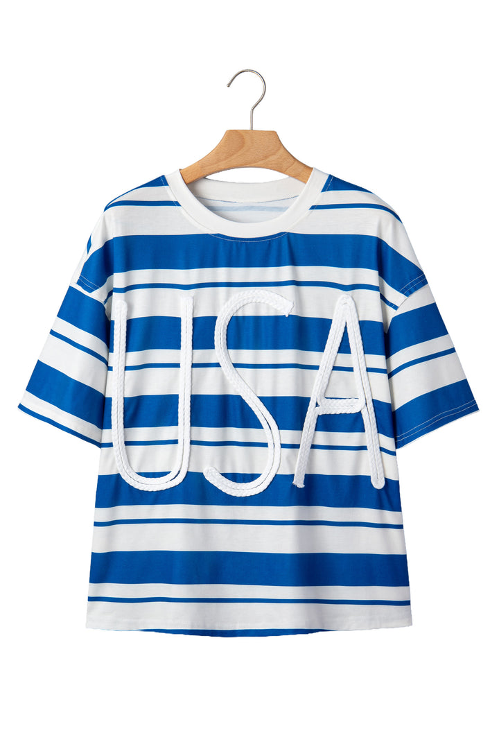 Blue Stripe USA Graphic Half Sleeve Loose T Shirt