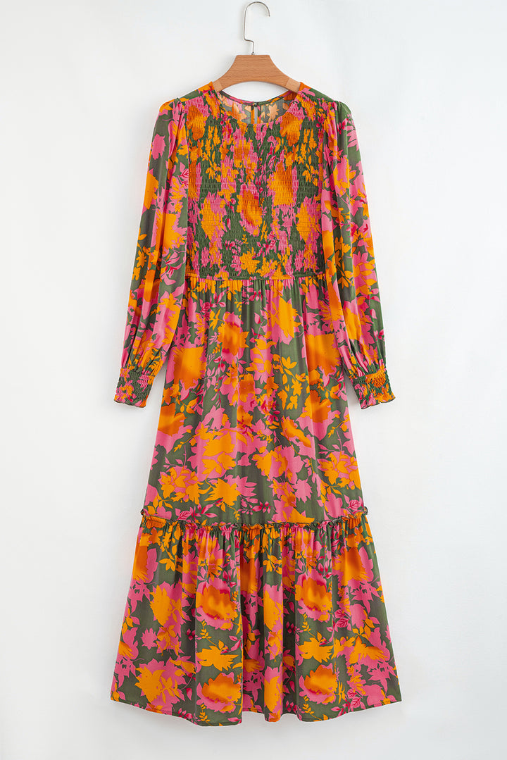 Floral Puff Sleeve Smocked Bodice Ruffled Long Dress