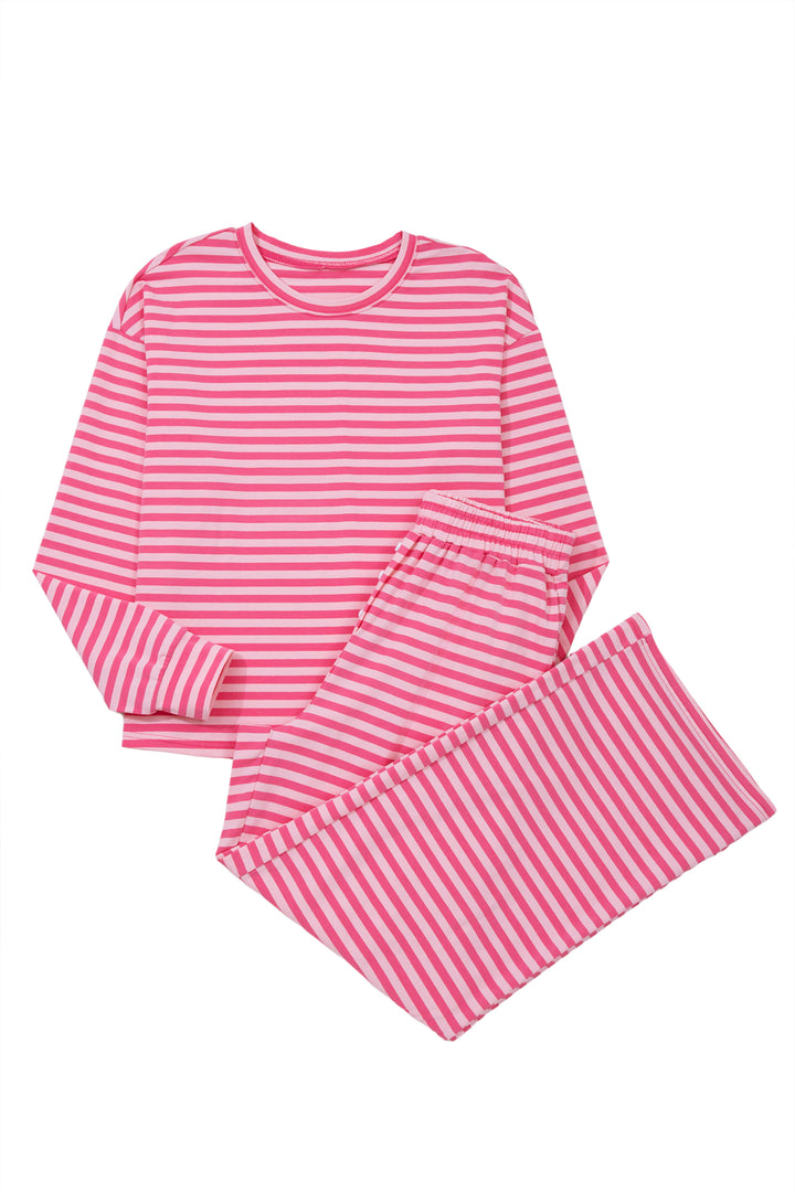 Rose Stripe Drop Shoulder Round Neck Top and Buttoned Straight Pants Two Piece Set