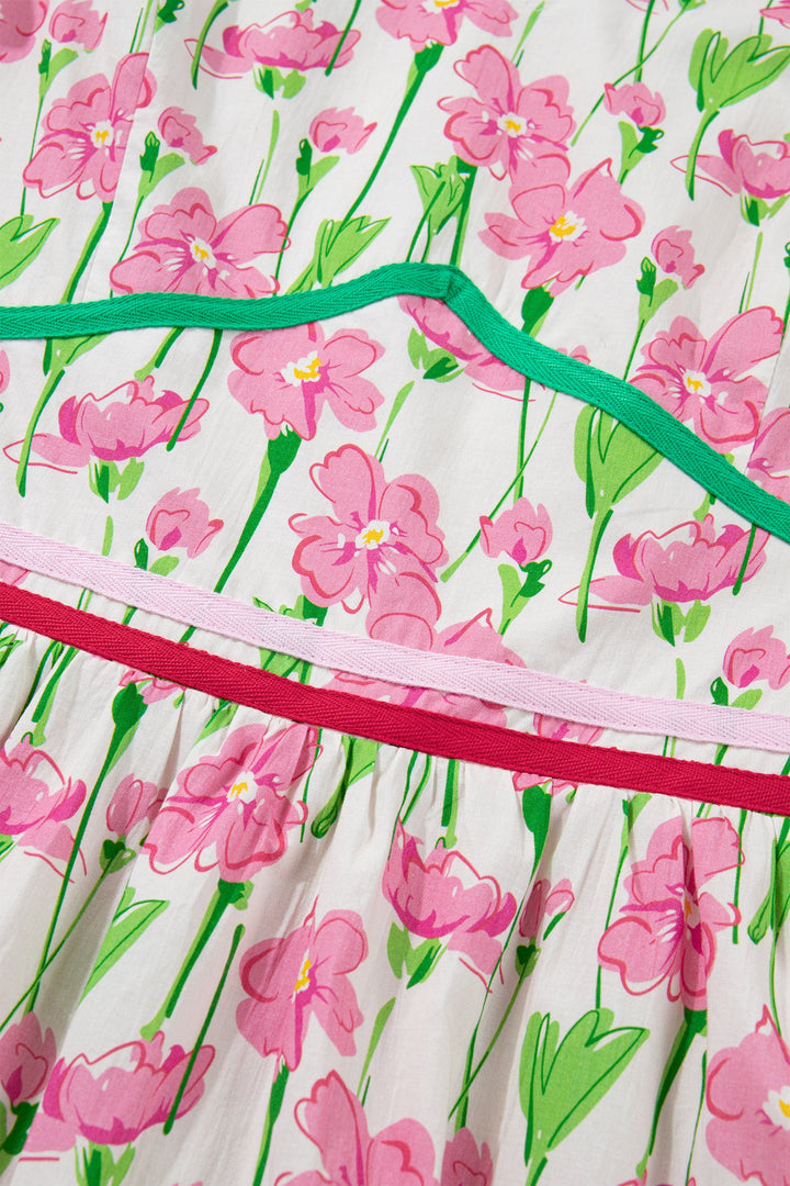 Pink Floral Print Contrast Trim V Neck Short Sleeve Elegant Midi Dress