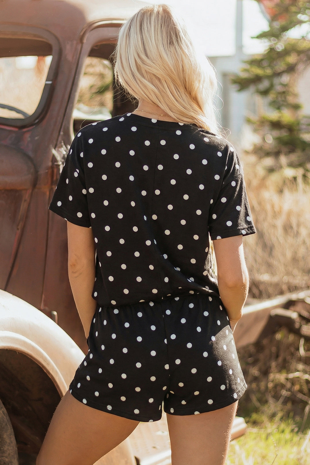 Black Polka Dot Short Sleeve Loose Top Drawstring Shorts Set