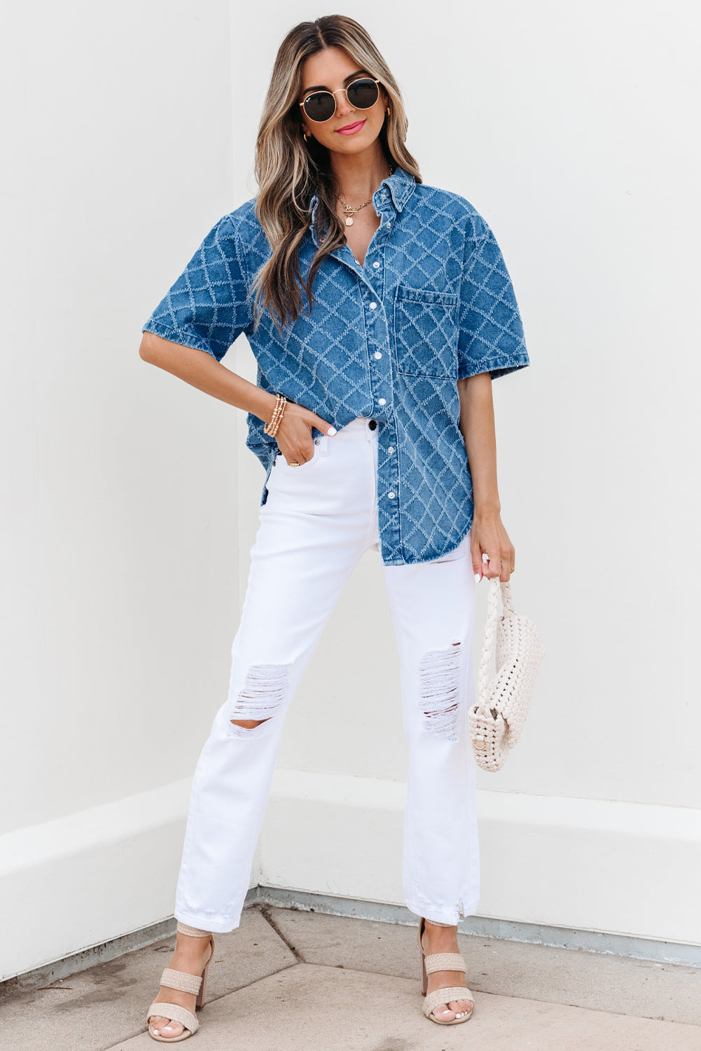 checkered textured short sleeve patched pocket denim shirt