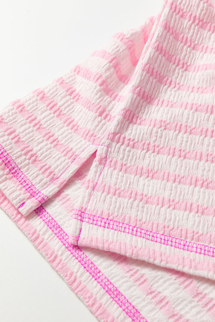 Pink Stripe Textured Knit Split Hem Half Sleeve Loose Top