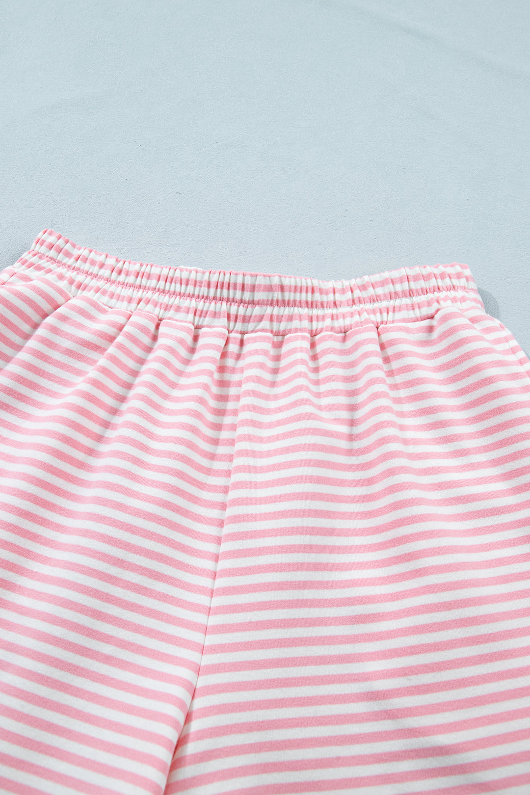 Pink Stripe Cuffed Sleeve Contrast Mock Neck Tee Casual 2pcs Short Set