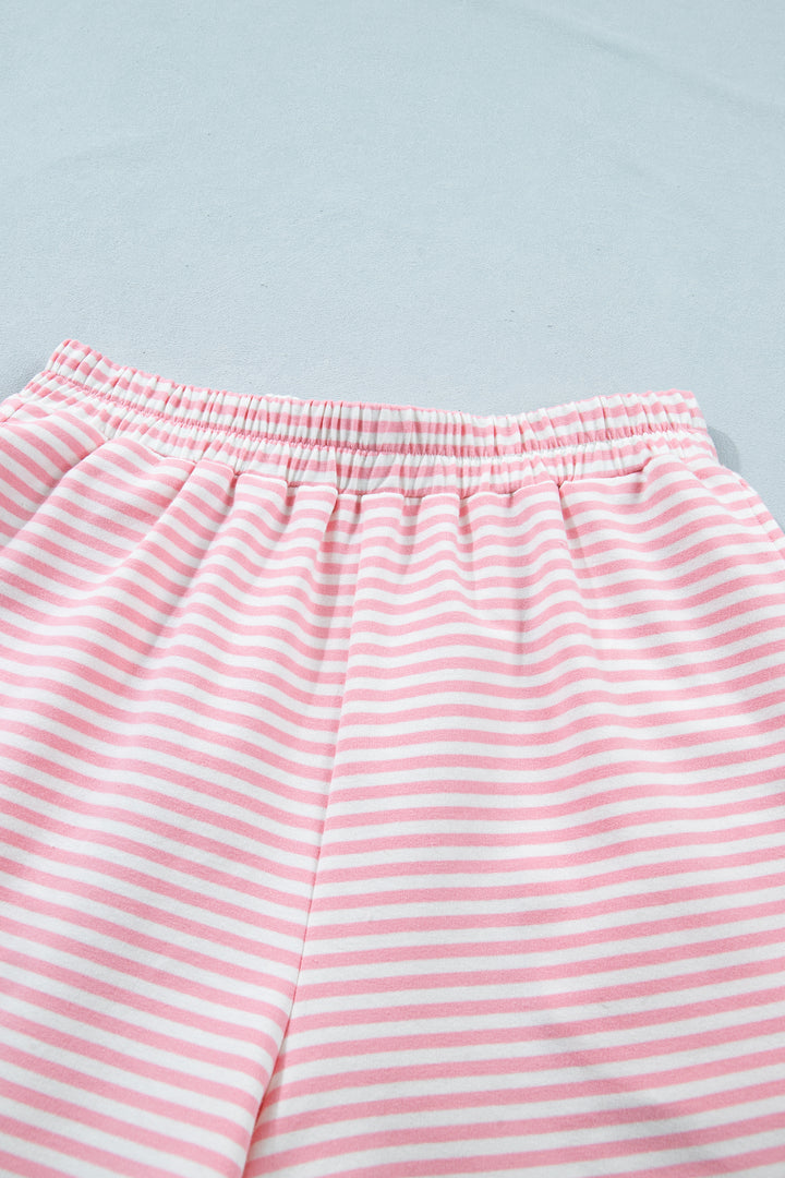 Pink Stripe Cuffed Sleeve Contrast Mock Neck Tee Casual 2pcs Short Set