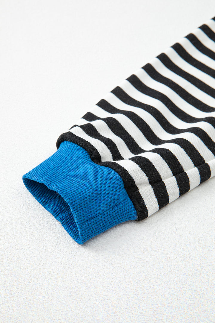 Striped Contrast Ribbed Trim Crossed Stitch Drop Shoulder Sweatshirt