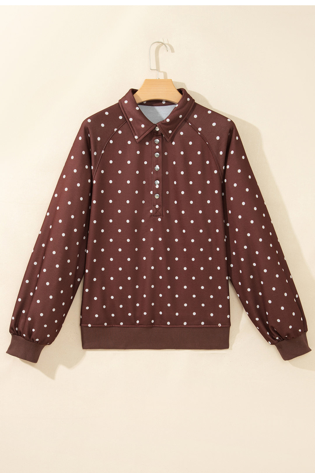 Brown Polka Dot Print Metal Button Collar Casual Pullover Sweatshirt