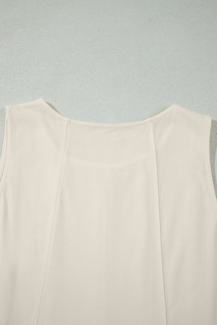 Beige Stitched Detail Loose Tank Top Cotton 2pcs Short Set