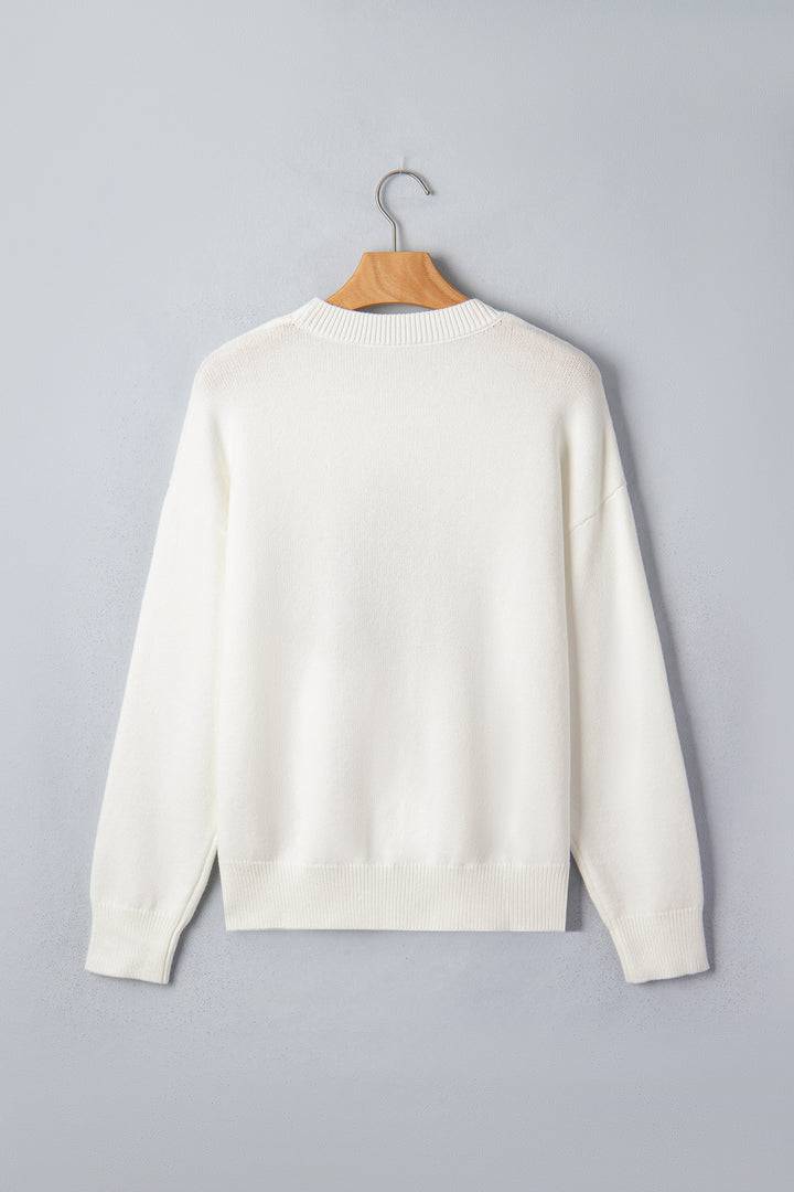 White Christmas Tree Bow Drop Shoulder Knit Sweater