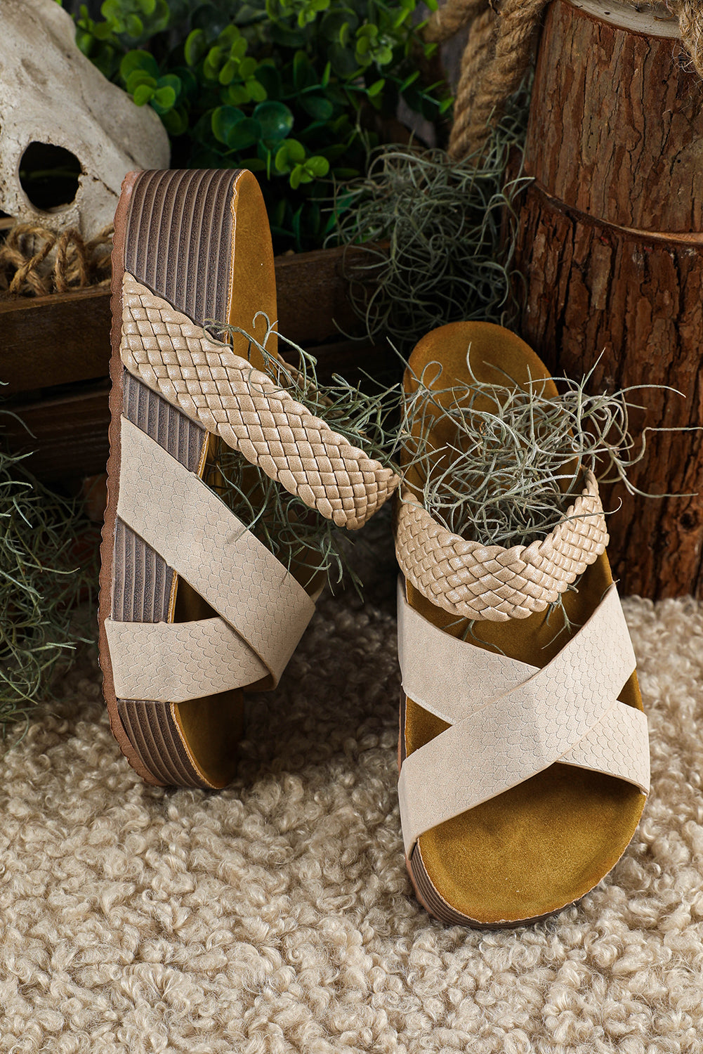 Braided Detail Criss Cross Platform Slippers