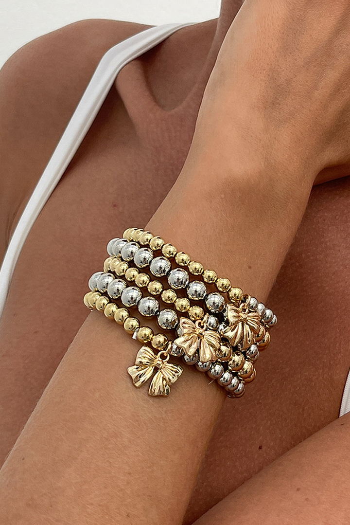 Bowknot Charm Color Block Beaded Bracelet Set