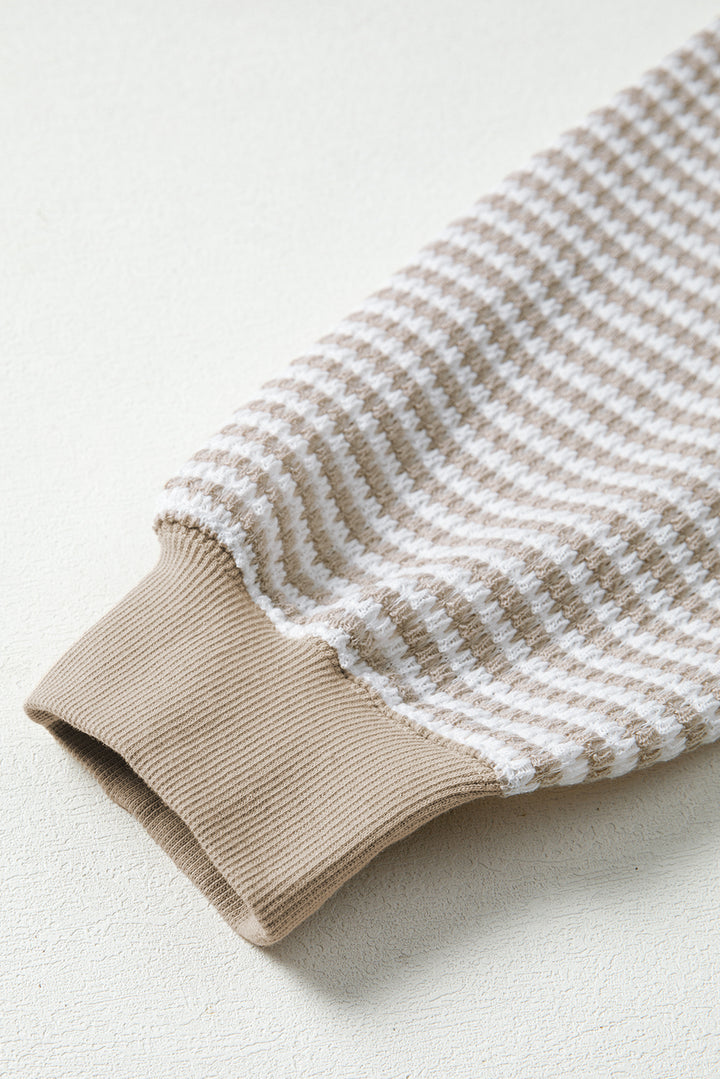 Brown Stripe Ribbed Trim Drop Shoulder Long Sleeve Oversize Top