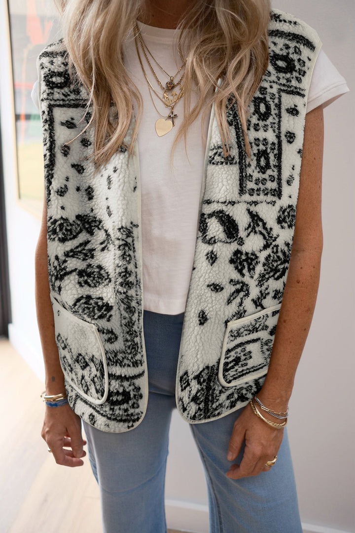 Fashion Beige Sherpa Paisley Print Pocketed Western Vest Jacket