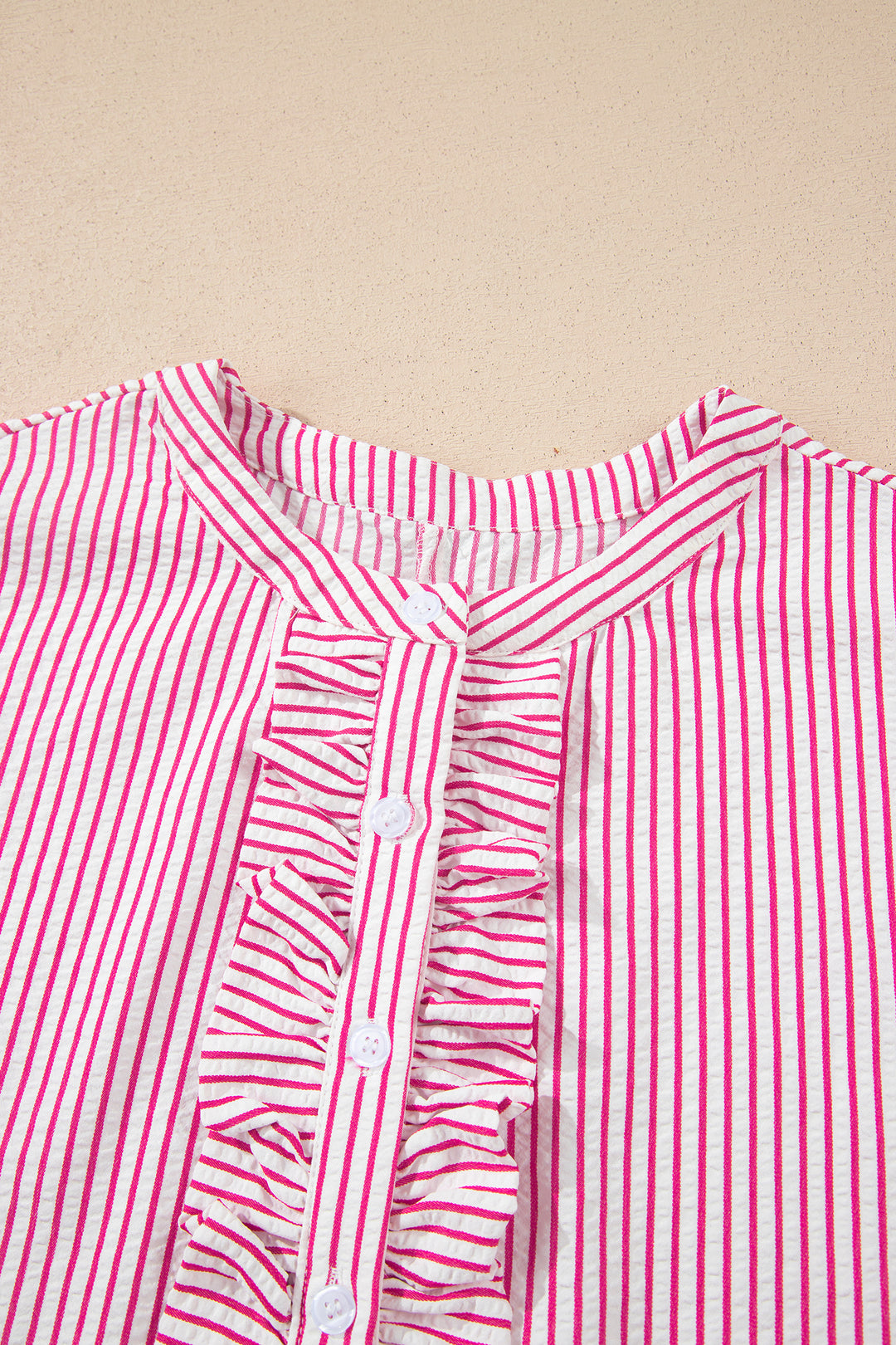 Red Stripe Frilled Detail Half Buttons Short Sleeve Long Dress
