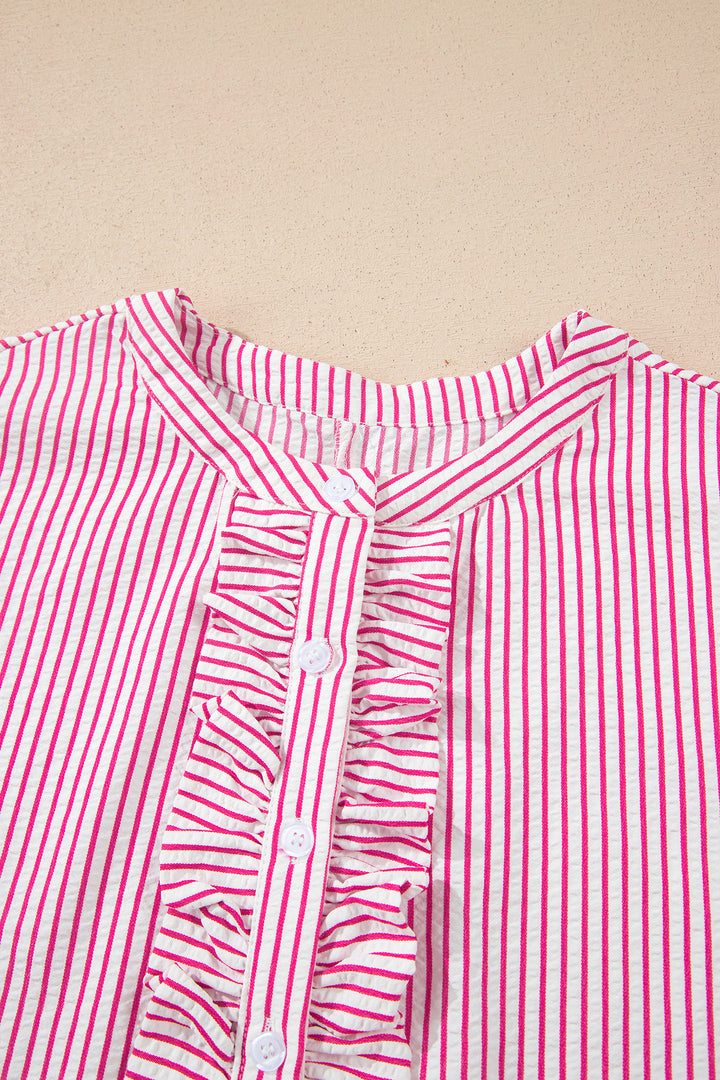 Red Stripe Frilled Detail Half Buttons Short Sleeve Long Dress