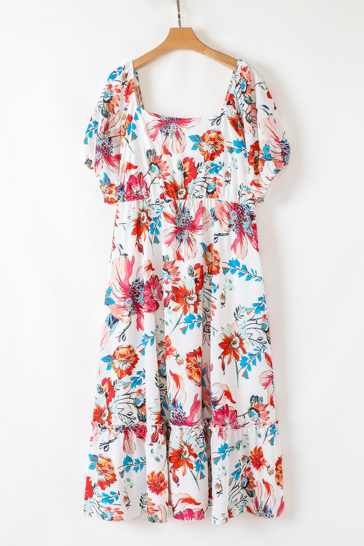 White Floral Square Neck Flowy Plus Size Midi Dress