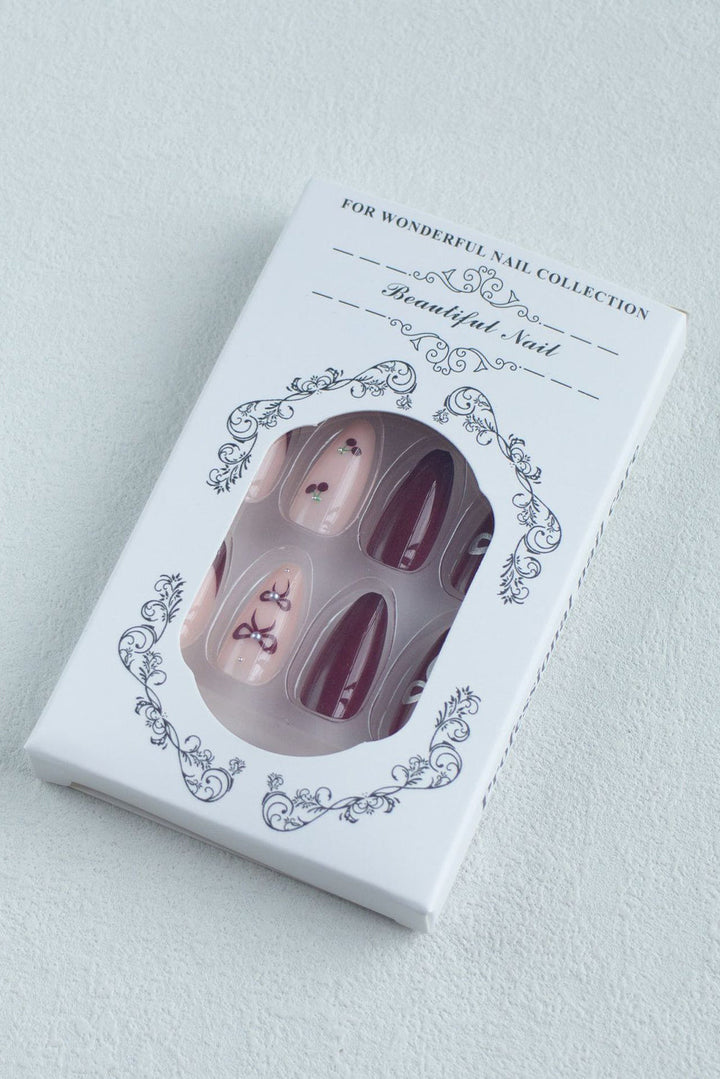 Bow Cherry Pearled Almond Shape Nail Stickers with Jelly Glue
