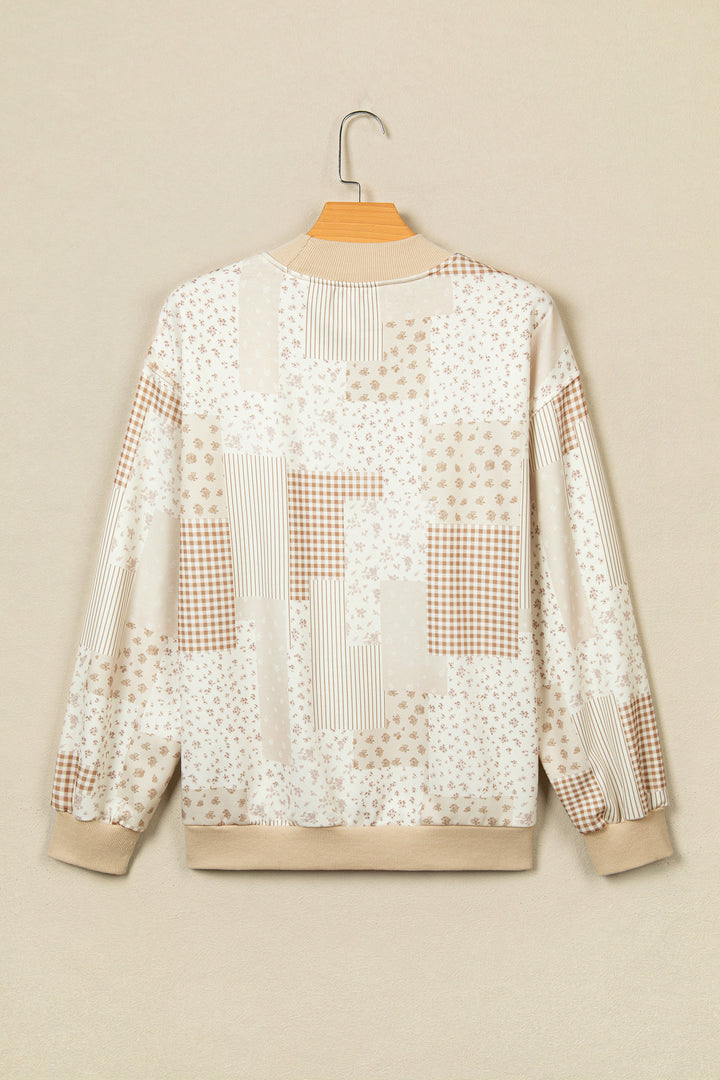 Khaki Patchwork Floral Print Mock Neck Long Sleeve Sweatshirt