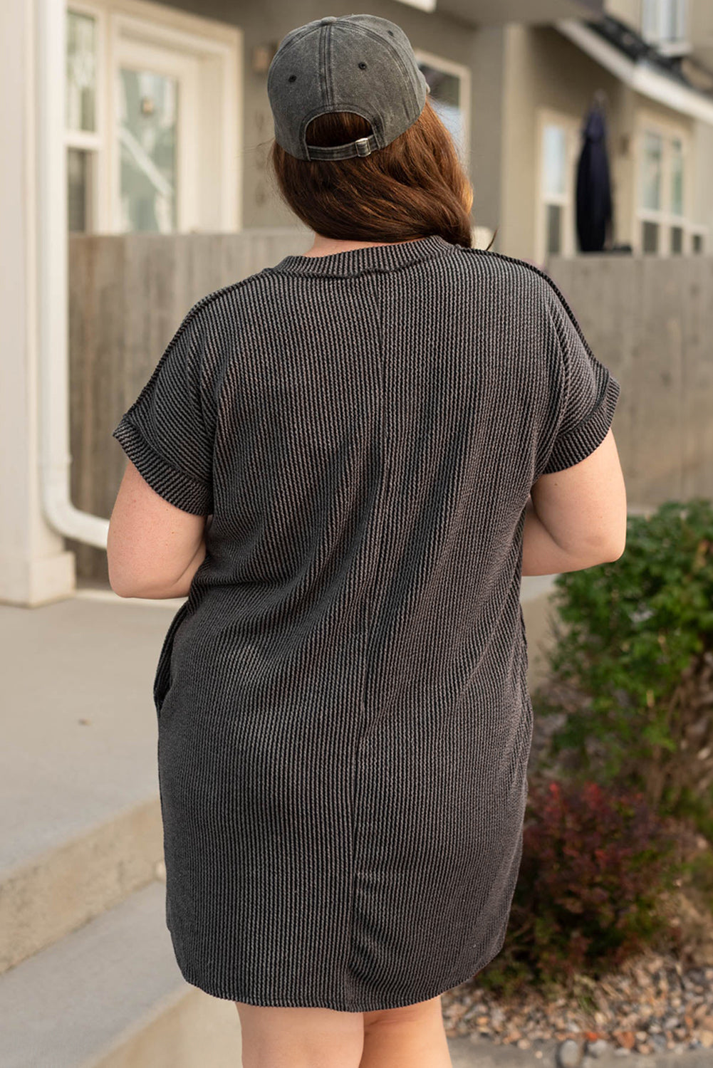 Casual Carbon Grey Corded V Neck Plus Size T Shirt Dress with Pockets