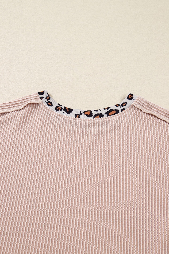 Beige Twist Ribbed Leopard Color Block Detail Drop Shoulder Long Sleeve Top
