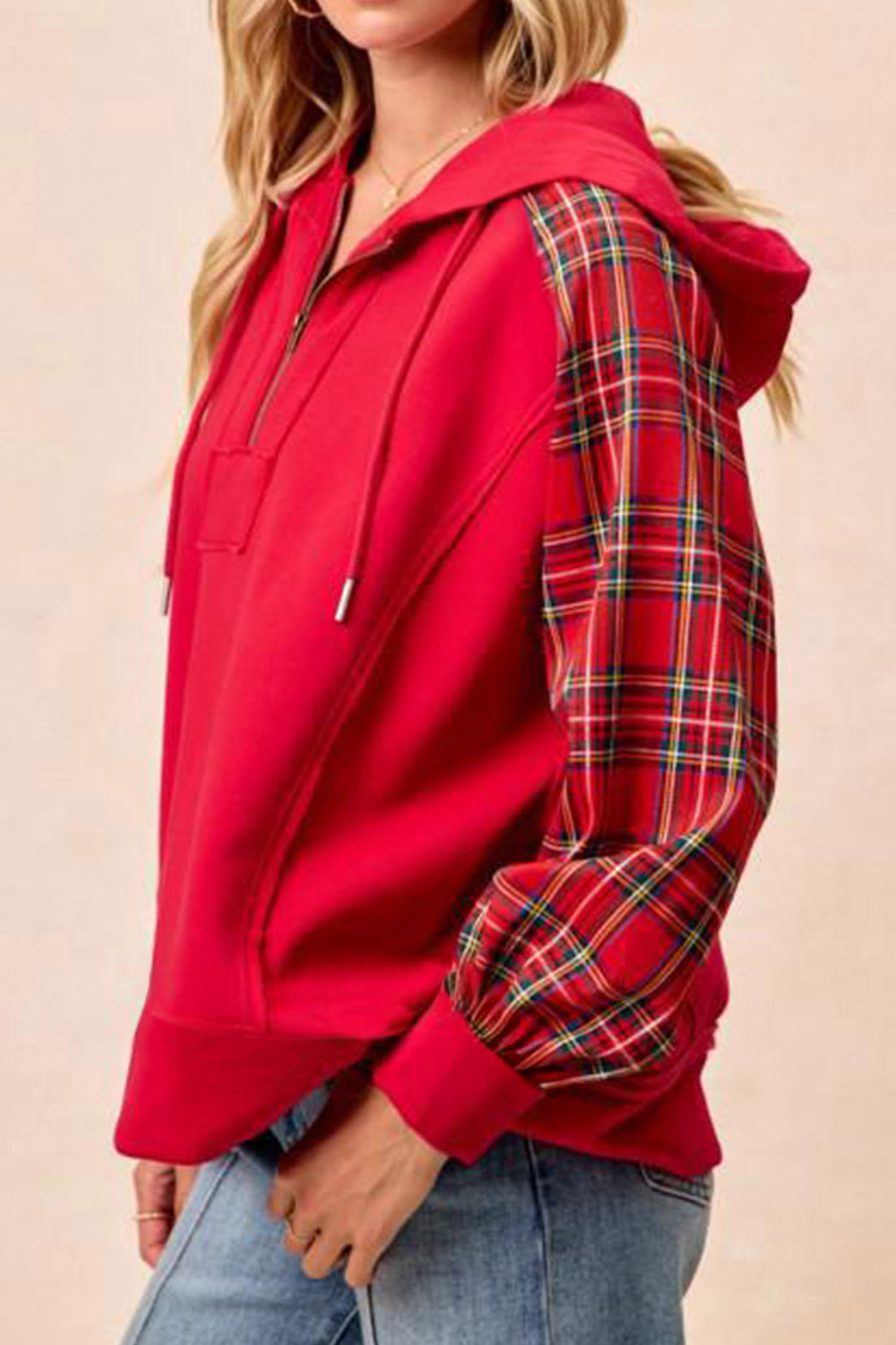Fiery Red Plaid Sleeve Colorblock Zip-Up Shift Silhouette Ribbed Hem Plus Size Hoodie