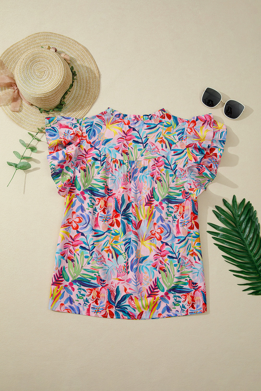 Tropical Floral Print Frilly Notched Neck Ruffled Short Sleeve Blouse