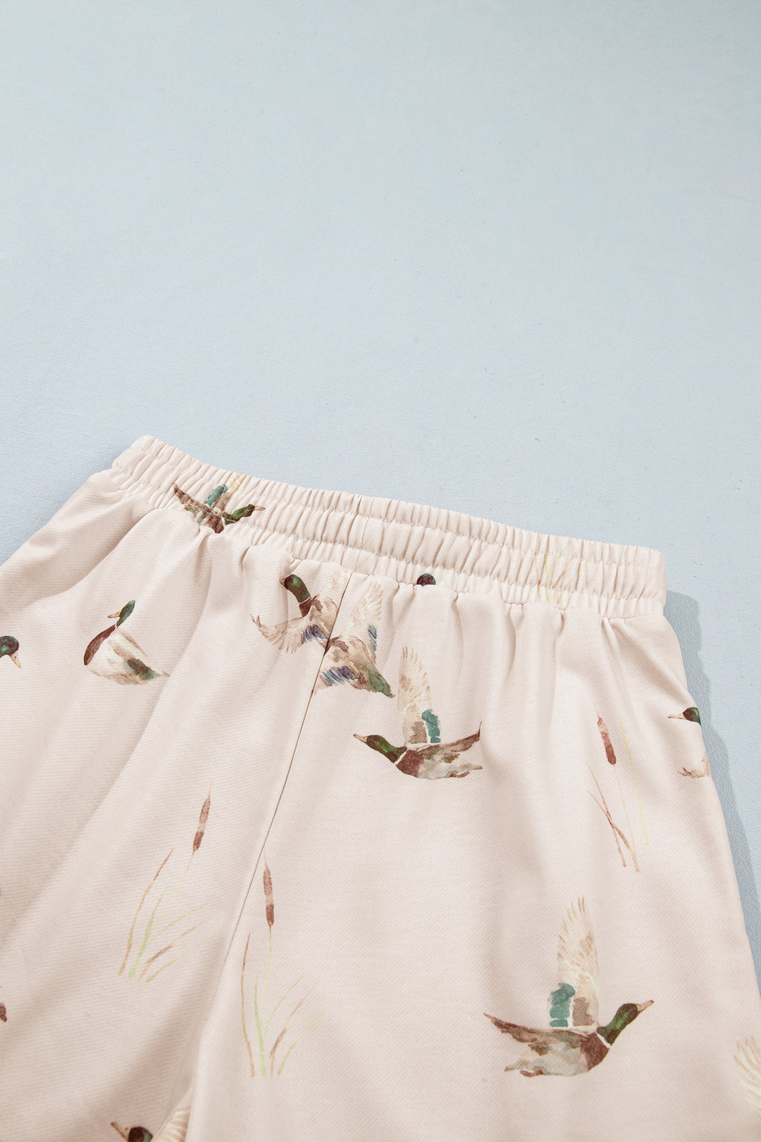Khaki Mallard Print Color Block Patchwork Zip Pullover and Shorts Set