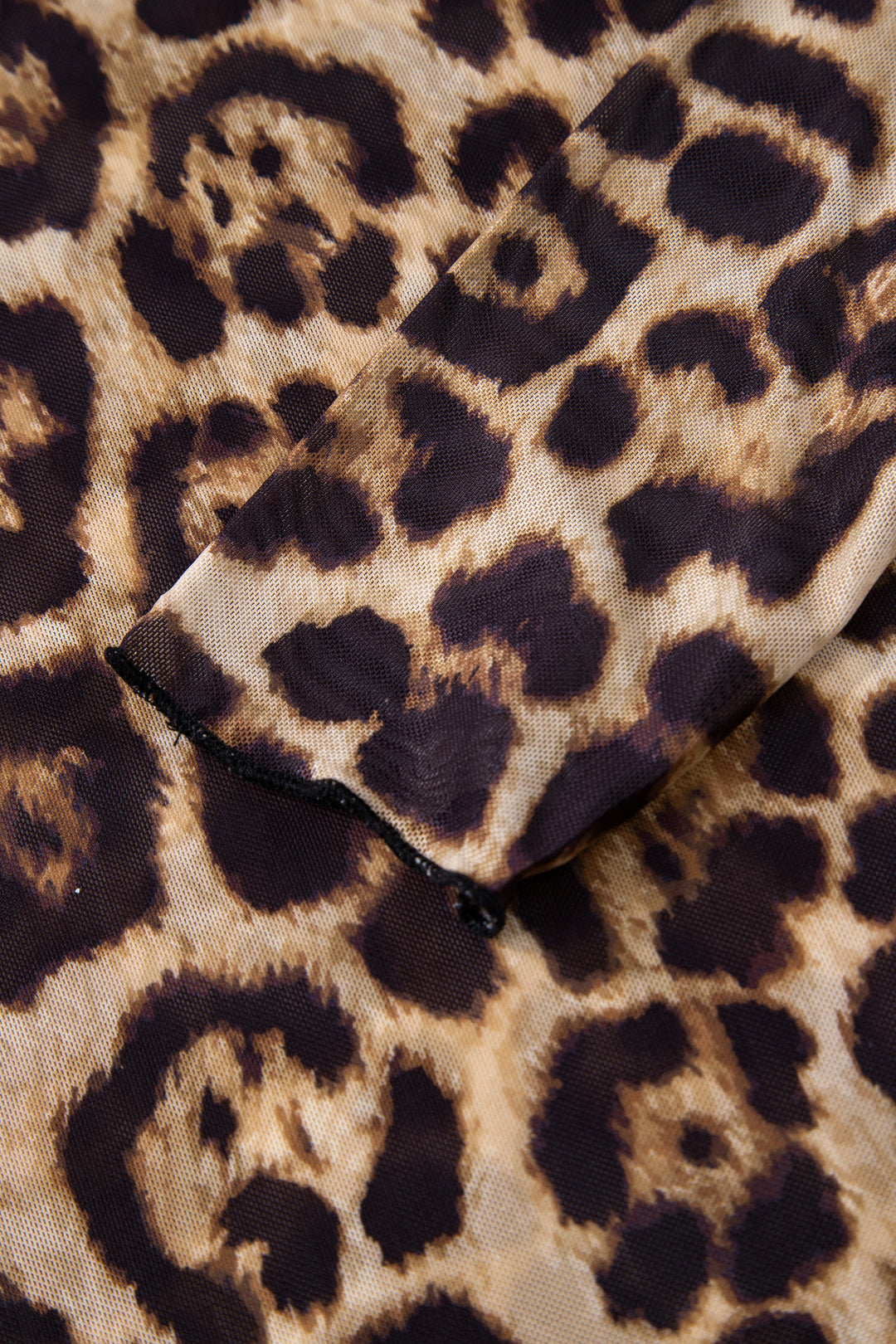 Camel Leopard Print Slim Fit Mesh Long Sleeve Mock Neck Top