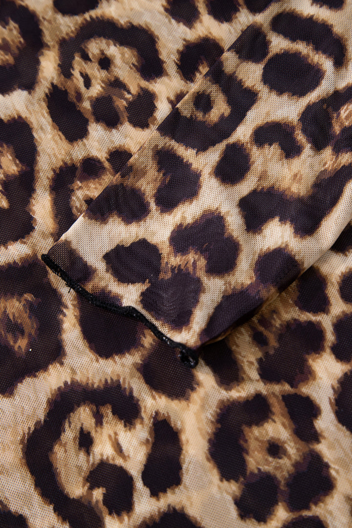 Camel Leopard Print Slim Fit Mesh Long Sleeve Mock Neck Top