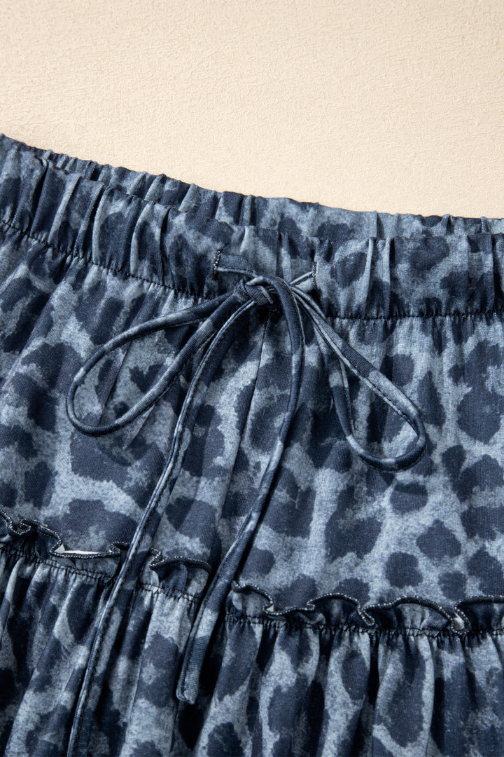 Gray Wild Leopard Print Frilled Detail Drawstring Wide Leg Pants