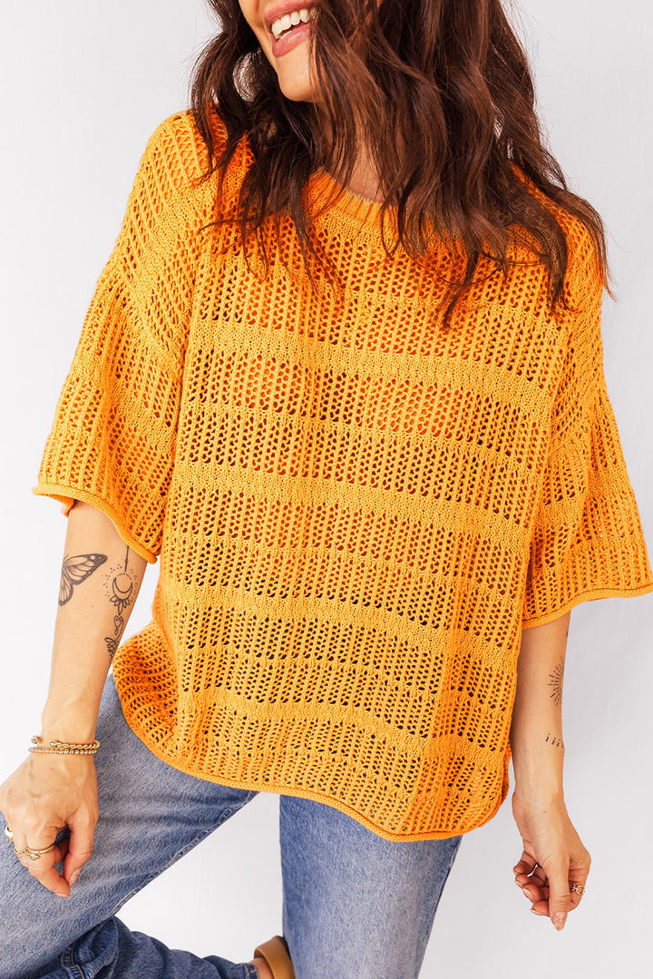Hollow out Openwork Knit 3/4 Sleeve Sweater