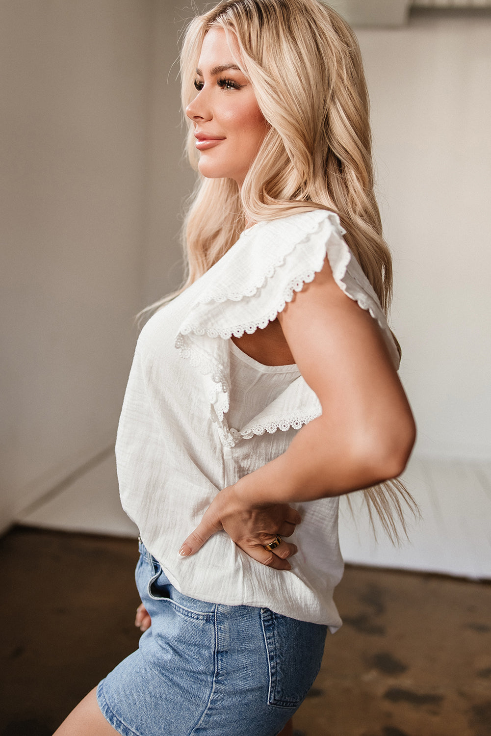 crinkled layered ruffled flutter sleeve blouse