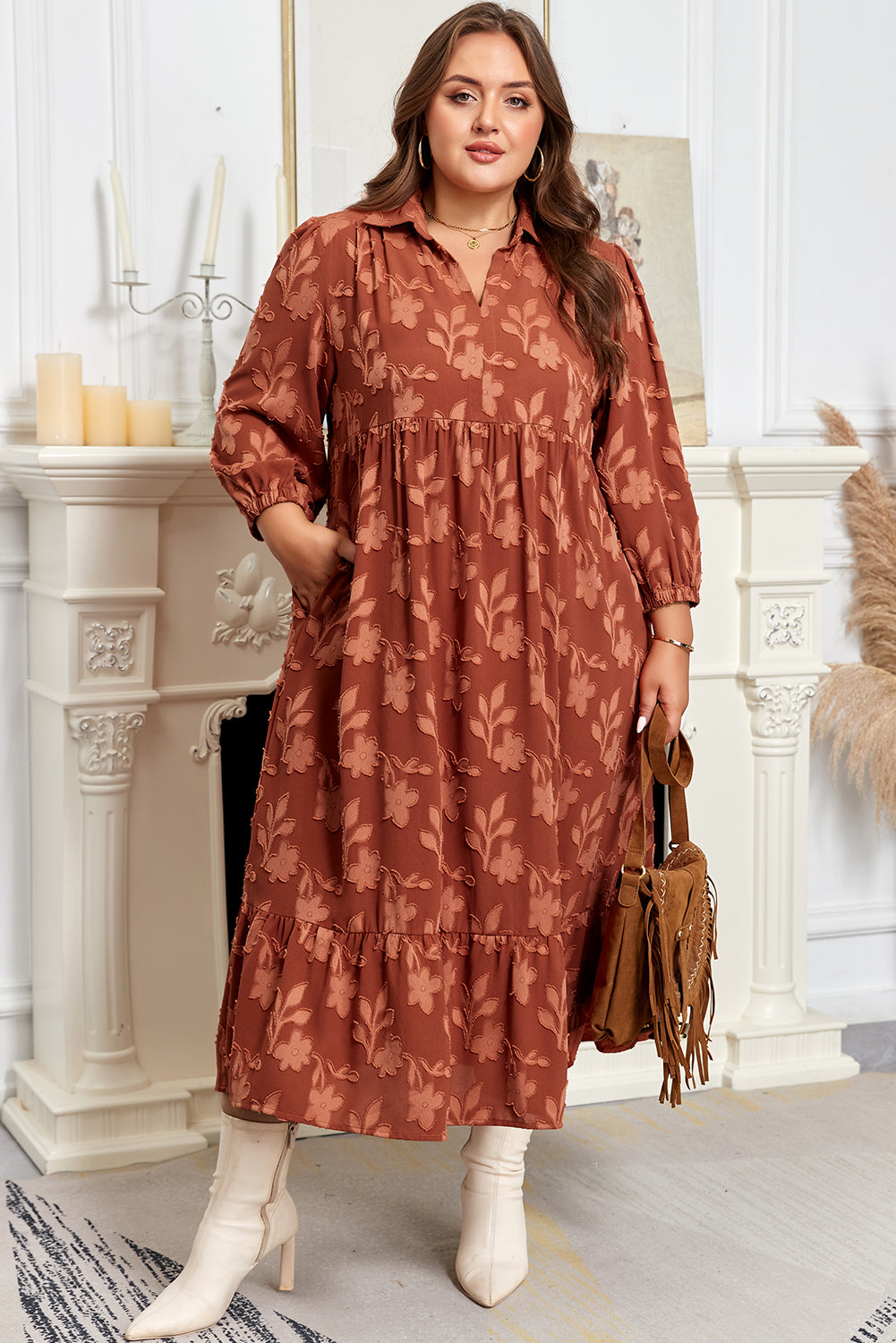 Cinnamon Plus Size Textured 3D Flower Pattern Ruffle Hem Long Dress
