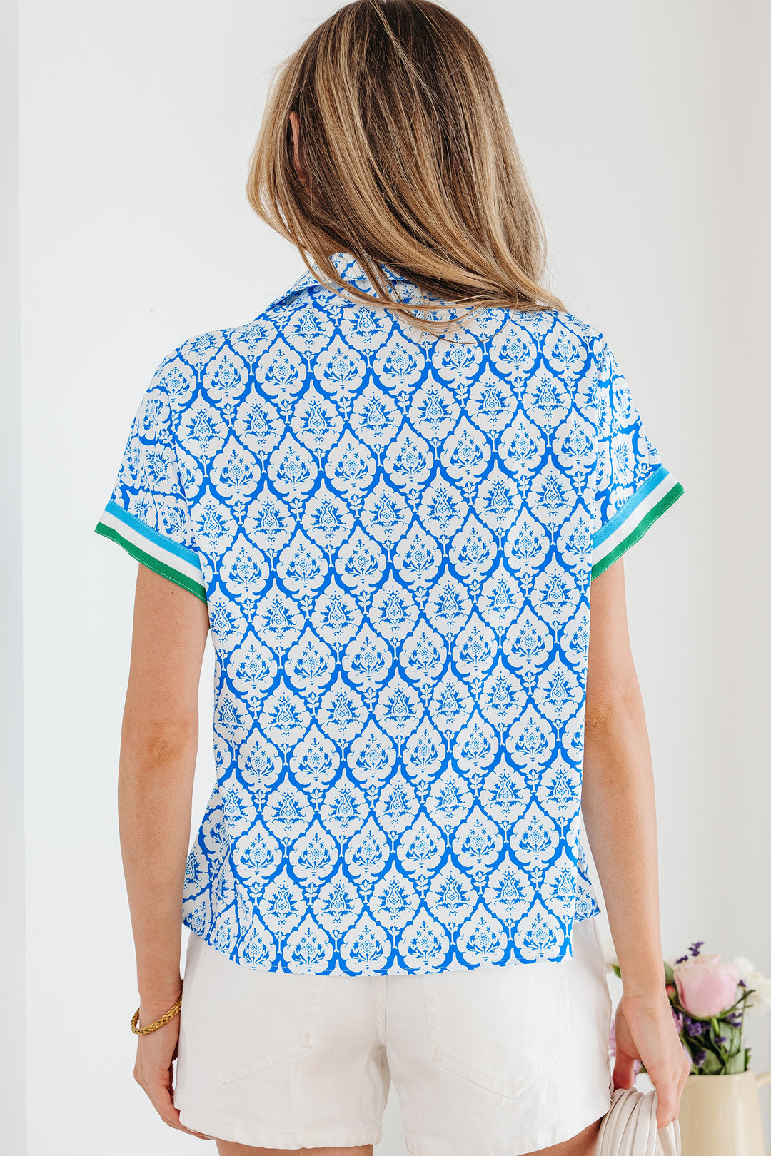 Sky Blue Western Print Zipped Collar Short Sleeve Summer Blouse Top