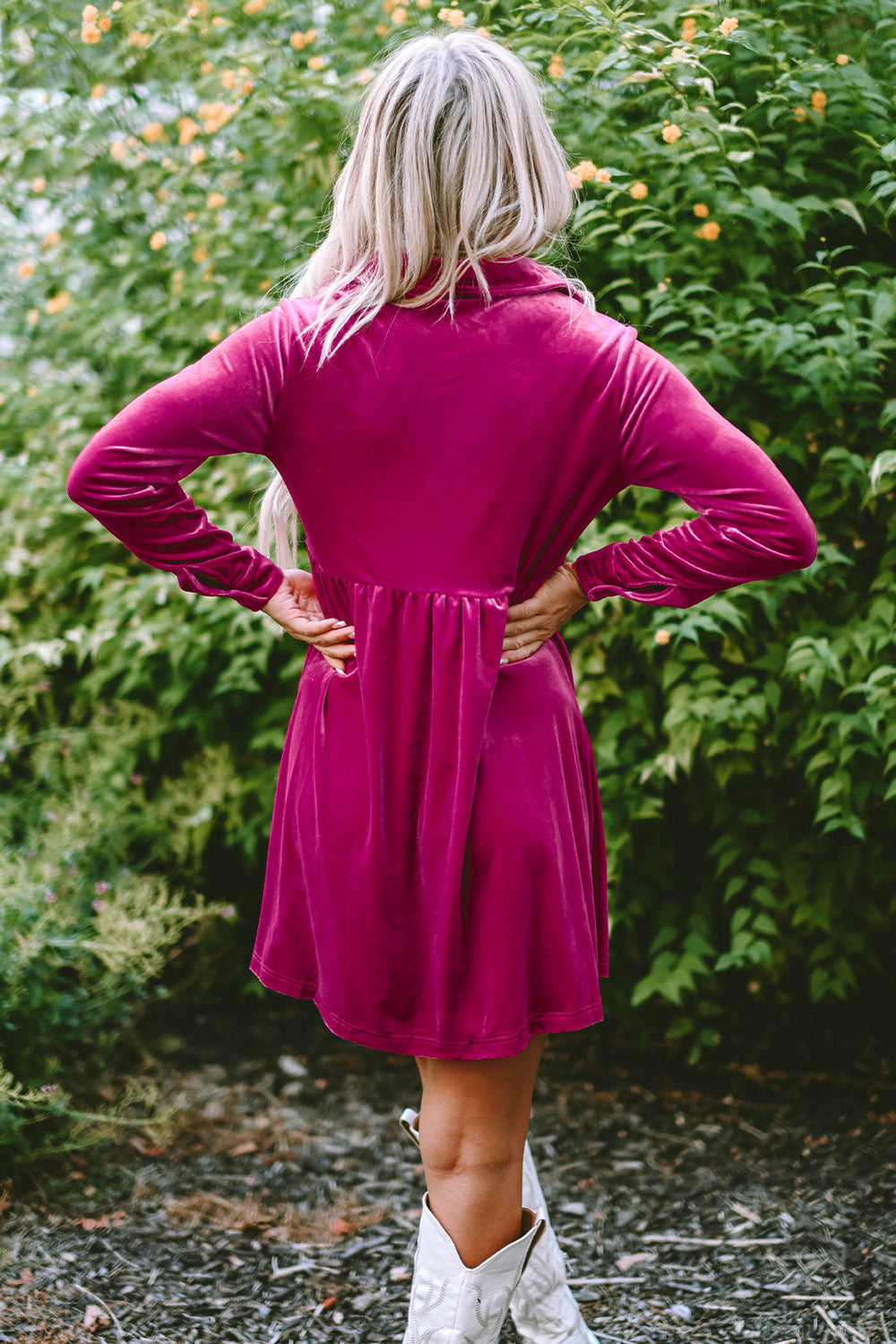 Long Sleeve Ruffle Velvet Button Up Dress