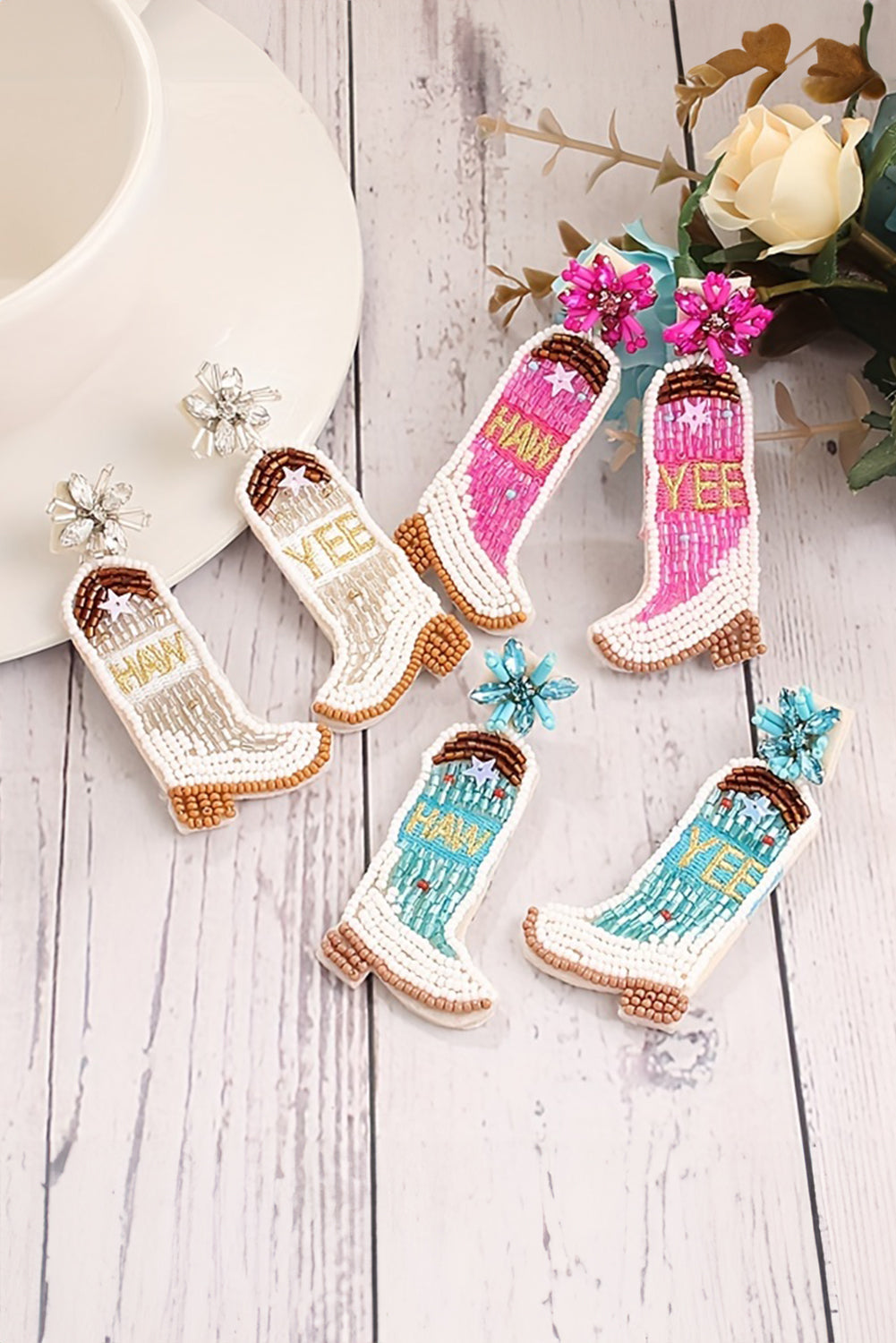 Cowboy Boots Rice Bead Dangle Earrings